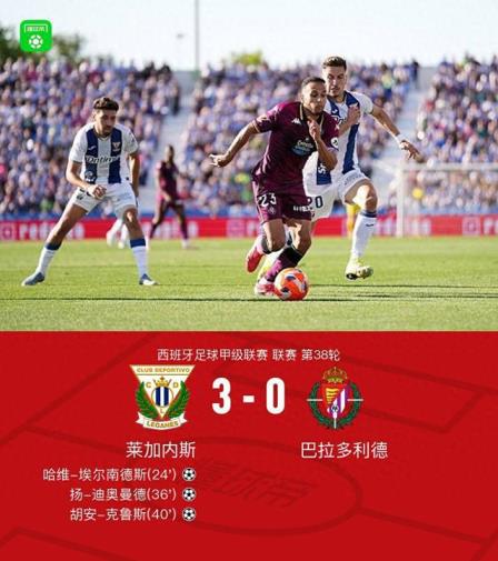 萊加內(nèi)斯3-0勝巴拉多利德仍遭降級，揚(yáng)-迪奧曼德傳射建功